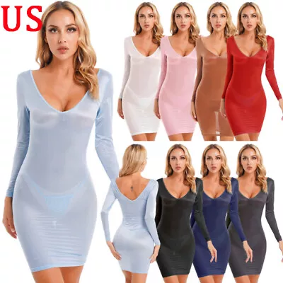 $14.19 • Buy US Womens Bodycon Dress Glossy Semi See-Through Deep V Neck Mini Dress Lingeries