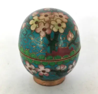Vintage Cloisonne Enamel Trinket Box Pill Box Blue Pink Floral Egg Shaped • $19.99