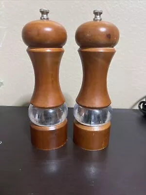 Vintage Olde Thompson Wood Salt And Pepper Mill Set With Glass Inserts 7 1/2” • $25