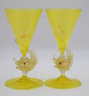 Fine Pair Of Venetian Murano Hand Blown Dolphin Yellow Wine Glasses Circa 1930 • $300