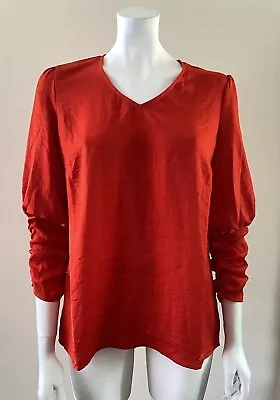 CAbi Red Aurora Blouse 3/4 Ruched Shirred Sleeve V Neck Top #5709 Sz S EUC • $12.99