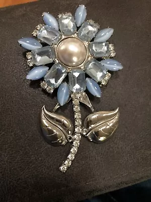 Lovely Lawrence VRBA Blue Rhinestone Moonstone  & Pearl Flower Brooch Pin • $250