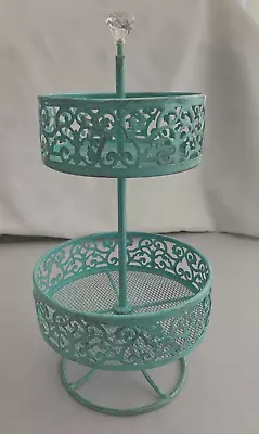 2 Tiered Rotating Stand Turquoise Distressed Metal Fruit Desserts • $17.99