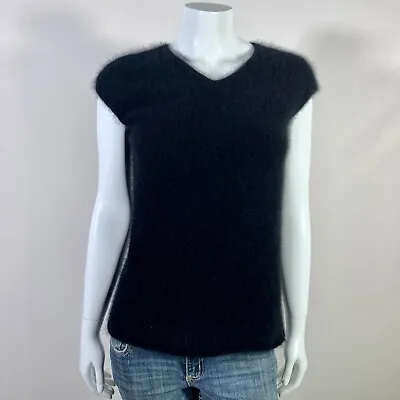 80% Angora Fuzzy Vintage DKNY Black Cap Sleeve V-Neck Sweater 34 In Bust • $57.99