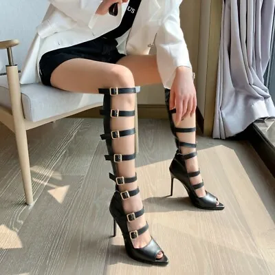 New Women Knee High Gladiator Sandals Strappy Peep Toe High Heel Cut Out Boots L • $46.47