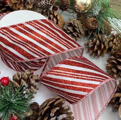 £1.75 • Buy 2.5  Wired Red White Glitter Candy Cane Stripe Christmas Ribbon Tree Gift Bow