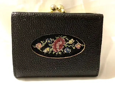 Vintage Small Embroidered Folding Coin Wallet 3X4 Black Pebbled Leather Germany • $24