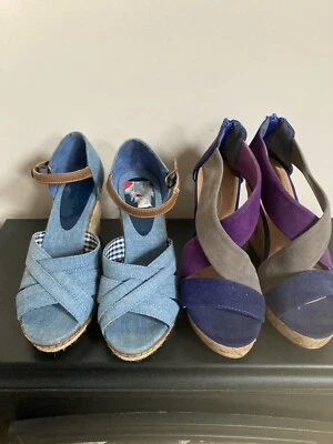 £19.99 • Buy Ladies Size 5 4 Sandals Wedge Navy Purple Taupe Faux Suede Denim Blue Rope