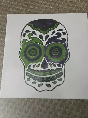 Day Of The Dead Handpainted Tile Skull Green - Mexico Oxaca 12x12 • $39