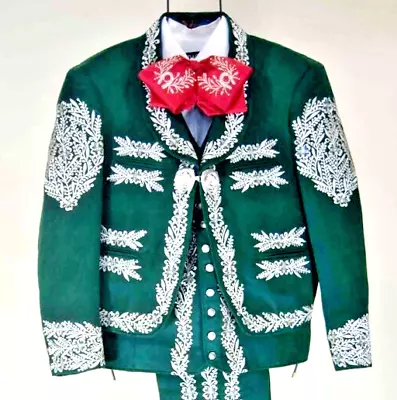 Men 3 Piece Made To Order Green Cotton Embroidered Mariachi Green Suits Weddings • $1748.43