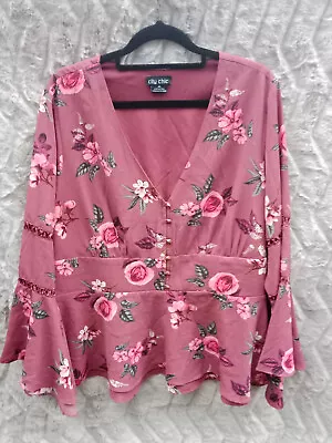 City Chic Size XS Dusty Pink Floral Blouse Ruffle Hems V Neck Crepe Top • $20