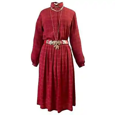 Rare 80s Vintage Silk Red Classic Plaid Two-Piece HALSTON Dress Set Size Small • $75