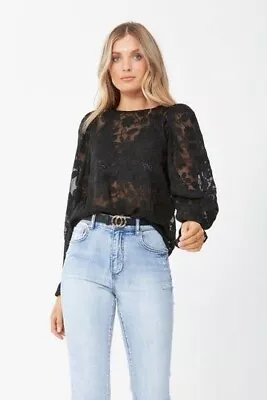 DECJUBA Black Everly Embroidered Floral Sheer Puff Sleeve Blouse 8 BNWT • $39.99