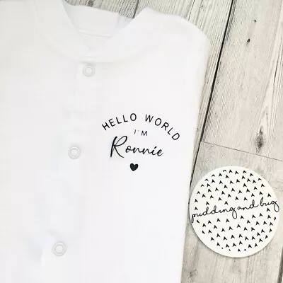 PERSONALISED 'HELLO WORLD' Unisex Baby Sleepsuit Babygrow Baby Announcement • £8.50