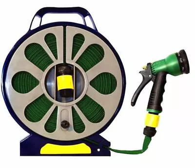 New 50ft Flat Garden Hose Pipe Reel With Spray Nozzle Gun Outdoor Watering 15m • £12.95