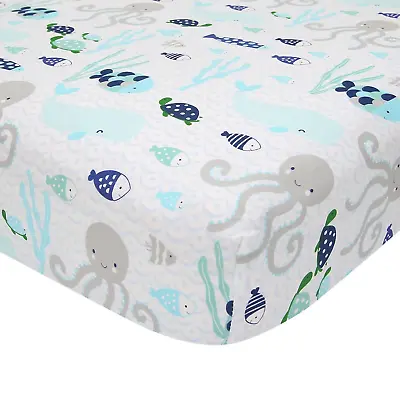 Oceania 100% Cotton Fitted Crib Sheet - White With Blue Nautical/Aquatic Fish An • $32