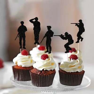 24-Piece Military Themed Cupcake Toppers - Soldier Birthday Cake Decoration For • $30.09