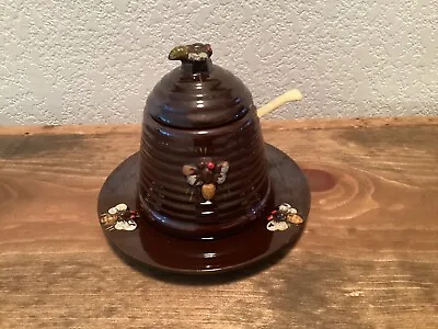 Vintage Brown Ceramic Bee Hive Honey Pot Jar With Lid Plate  & Dipper Japan • $14.99