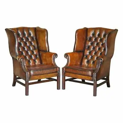 Rare Pair Of Vintage Chesterfield Tufted Cigar Brown Leather Wingback Armchairs • $6782.33
