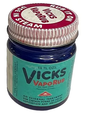 Vintage Vicks VapoRub Cobalt Blue Glass Medicine Jar Red Metal Lid 50’s EUC • $47