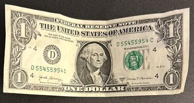 Fancy Rare $1 One Dollar Bill Real Money Collectible Item Serial #55455954 • $239.04