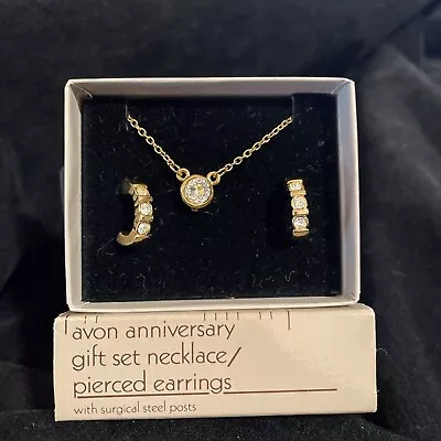 Avon 1989 Anniversary Gift Set Necklace Pierced Earrings Rhinestone Goldtone 18” • $10