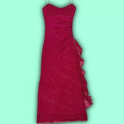 Vintage 90s Y2K Magenta Glittery Mesh Overlay Milkmaid Prom Dress • $250