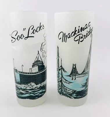 Vintage Michigan Souvenir Frosted Glass Set Barware Mackinac Bridge Soo Locks • $23