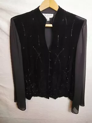 J R Nites By Carol Lyn Blouse Size 14 Black Beaded Button Top Sheer Long Sleeves • $24.99