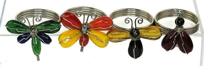 £9.88 • Buy Napkin Rings Silver Metal Bands With Glass Ornaments Dragonfly, Lady Set Of Four
