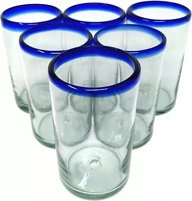 Hand Blown Mexican Drinking Glasses - Set Of 6 Glasses With Cobalt Blue Rims • $43.69