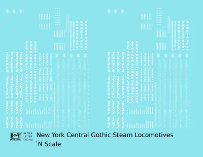 K4 N Scale Decals New York Central Gothic Steam Locomotive White • $7.45