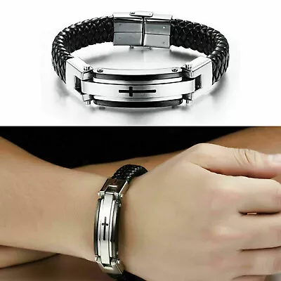 Men's Stainless Steel Cross Black Braided Wristband Leather Cuff Bracelet Gift • $12.49