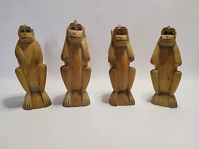 The 4 Wise Monkeys Hear No See No Speak No Evil Hand Carved Old Wood  6'' Tall • $34.99