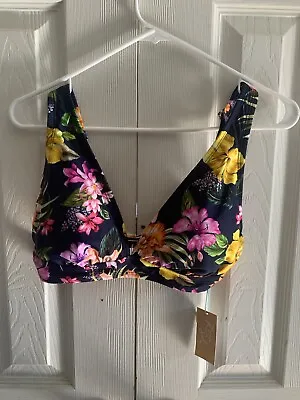 Kona Sol Women's Tropical Print Longline Bikini Top Navy Blue Size Medium 8-10 • £7.71