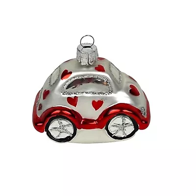 German Glass Volkswagen Beetle Christmas Ornament Love Bug White W/ Red Hearts • $15