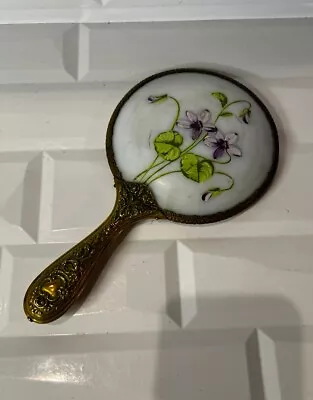 VTG Early Repousse Floral Handle Hand Painted Porcelain Hand Held Beveled Mirror • $30