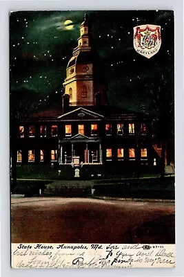 State House Annapolis MD Maryland Night View Moon Antique Postcard UNP WOB Note • $3