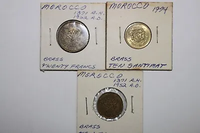 Lot Of Three 1952 Ten & Twenty Francs & 1974 Ten Santimat Morocco Coins NUM2343 • $12