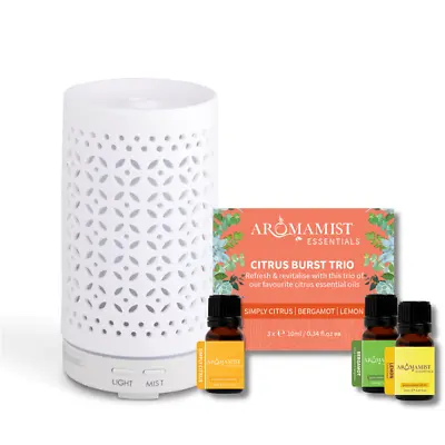 $109.99 • Buy Aromatherapy Starter Kit - Aromamist Ceramic Diffuser + 3 Essential Oil Pack