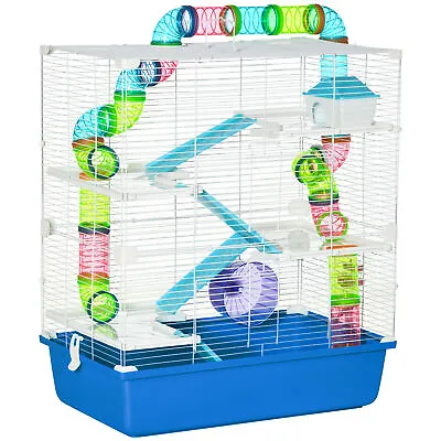 PawHut Hamster Cage W/ Water Bottle Exercise Wheel Tubes Ramps - Blue • £41.99