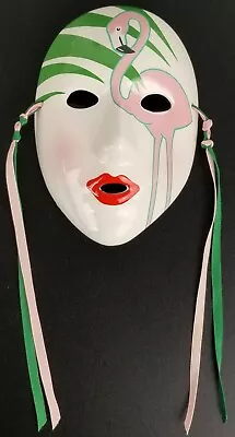 1985 Vandor Japan Hand Painted Mardi Gras Mask Pink Flamingo Ceramic Ivory Green • $22.95