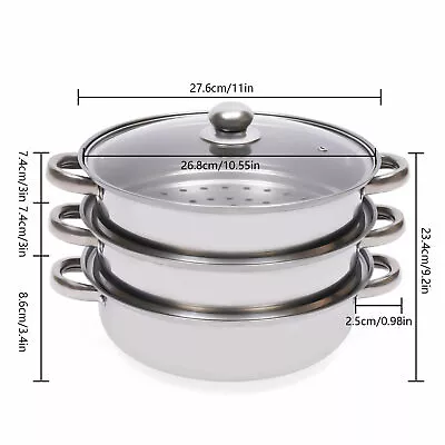 3 Tier Steamer Hot Pot Stainless Steel Cooker Steam Pot Food Cooking + Glass Lid • $40