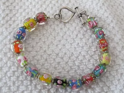 Artisan 7  Colorful Murano Flower Bead Bracelet Heart Clasp P8 • $9.50