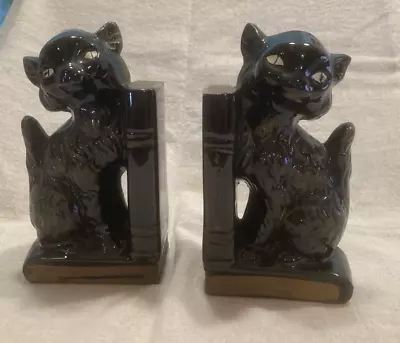 Vintage 50s Dark Academia Black Cat Bookends Pen Holders Redware Pottery ~Japan • £22.16