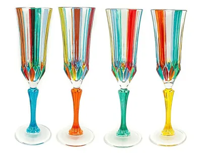 Set Of Four Murano Champagne Glasses Multi Blue Red Orange Stem Hand Painted • £89.95