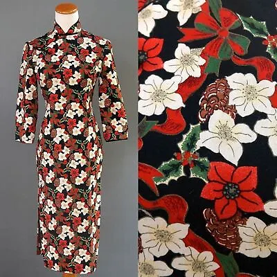 Vintage 80s Does 40s Christmas Cheongsam Body Con Asian Pin Up Mandarin Dress XS • $249