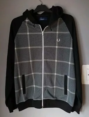 Fred Perry Full Zip Hoodie Adult Large Black Grey Checked Retro Track Jacket • £34.99