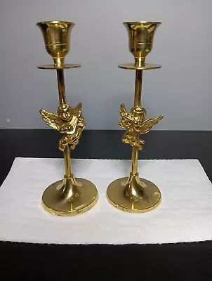 Vintage Brass Color Candlestick Holders Rare Cherub Pair Made In India  • $14.99