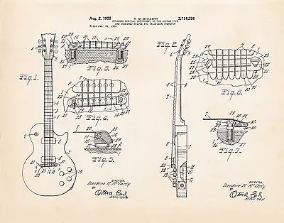 1955 Gibson Les Paul Art Posters McCarty Patent Print Guitar Themed Gifts • $64.86